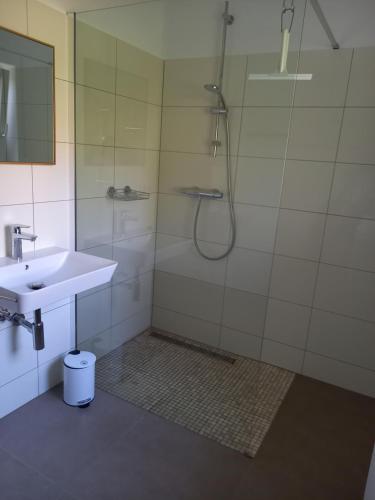 uma casa de banho com um chuveiro e um lavatório. em Ferienwohnung Riposo em Meersburg