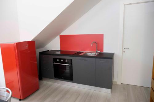 a kitchen with a sink and a red refrigerator at Villa Green in Pianezza
