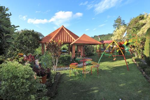 un jardín con parque infantil y una casa en Aparthotel Los Pinos en Boquete