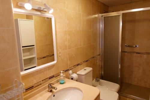 W łazience znajduje się umywalka, toaleta i lustro. w obiekcie Apt. Aire de Mar - Costa del Sol w mieście Caleta De Velez