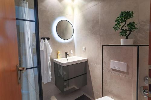 W łazience znajduje się umywalka i lustro. w obiekcie Cozy-Livings Altbau mit Terrasse und Küche am Stadtpark w mieście Bad Nauheim
