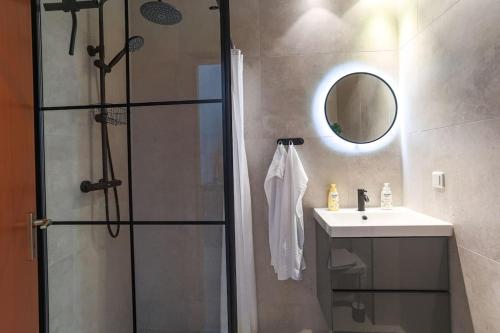 een badkamer met een douche, een wastafel en een spiegel bij Cozy-Livings Altbau mit Terrasse und Küche am Stadtpark in Bad Nauheim