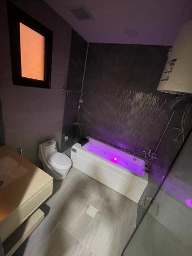 a bathroom with a toilet and a bath tub at شاليه دانة الرس in Ar Rass