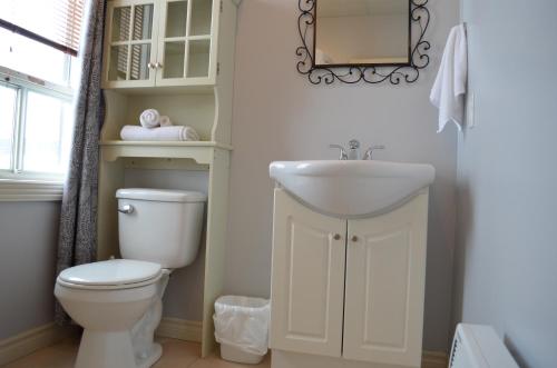 a bathroom with a white toilet and a sink at Le Citadin in Rouyn