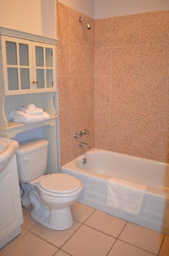 a bathroom with a toilet and a tub and a sink at Le Citadin in Rouyn