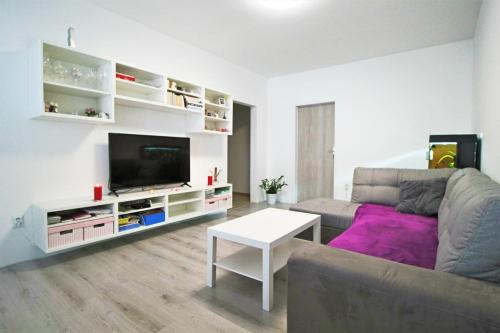 a living room with a couch and a flat screen tv at Cozy, bright room with free parking in Bratislava