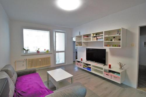 un soggiorno con divano e TV di Cozy, bright room with free parking a Bratislava