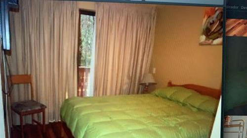 a bedroom with a green bed in front of a window at DEPARTAMENTOS TERMAS DE CHILLAN in Nevados de Chillan