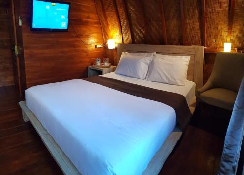 sypialnia z łóżkiem, krzesłem i telewizorem w obiekcie Light Blue Villa w mieście Tepus