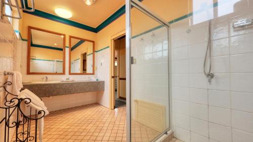 y baño con ducha y lavamanos. en Dalby Homestead Motel, en Dalby
