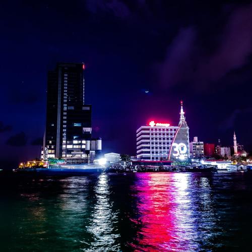 a city lit up at night with the water at Reef Guest House in Male City