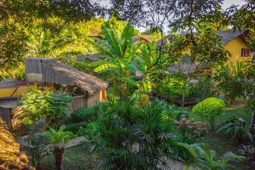 a garden in front of a house with plants at Hotel Ambalamanga in Nosy Be