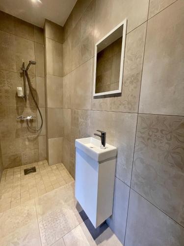a bathroom with a sink and a shower at Poe Luxury in Tartu