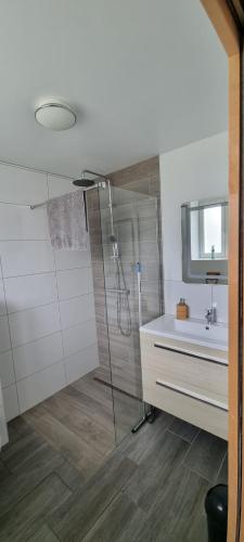 a bathroom with a shower and a sink at La Bergerie du Mesnil in Livry