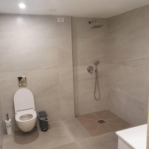 W łazience znajduje się biała toaleta i prysznic. w obiekcie יחידת דיור מושלמת בגבעה C במודיעין w mieście Modi'in