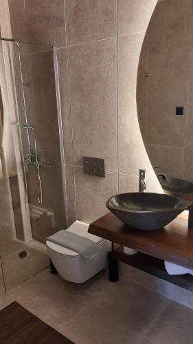 a bathroom with a sink and a toilet and a mirror at Leone suites in Nafpaktos