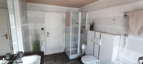 uma casa de banho com um WC, um chuveiro e um lavatório. em Ferienwohnung Rhöner WeitBlick em Burghaun