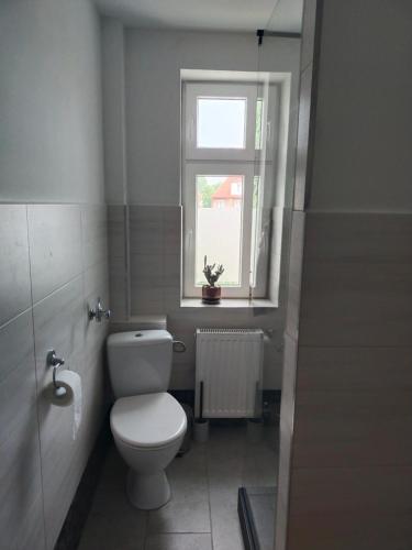 baño con aseo y ventana en Apartament, en Gdansk