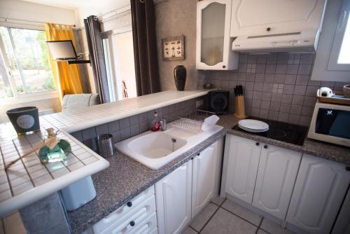 a kitchen with a sink and a microwave at Résidence Villa Nova in Tiuccia