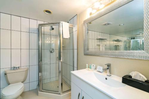 La salle de bains est pourvue d'une douche, de toilettes et d'un lavabo. dans l'établissement Quality Inn Downtown Inner Harbour, à Victoria