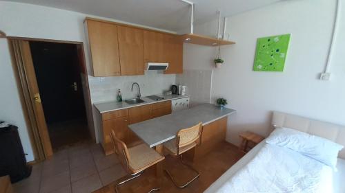 een keuken met een tafel en stoelen en een bed bij Studio Kaninska vas in Bovec