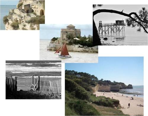 een collage van foto's van een strand en de oceaan bij Chambre d'hôtes le Berceau in Meschers-sur-Gironde