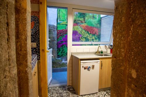 une cuisine avec un évier et une fenêtre dans l'établissement Apartamento Ciudad Vieja Coruña, à La Corogne