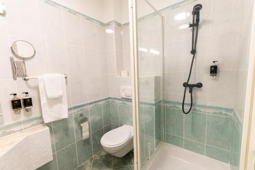 a bathroom with a toilet and a glass shower at Villa Lilith Smart in Fertőrákos