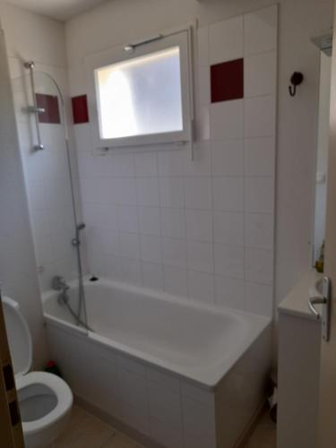 a bathroom with a tub and a toilet and a window at Appartement les Terrasses du Lac in Aureilhan