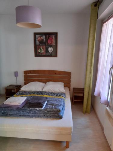 a bedroom with a bed with a wooden head board at Appartement les Terrasses du Lac in Aureilhan