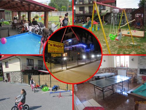 a collage of four pictures of a playground at DW U Wajdy in Białka Tatrzańska