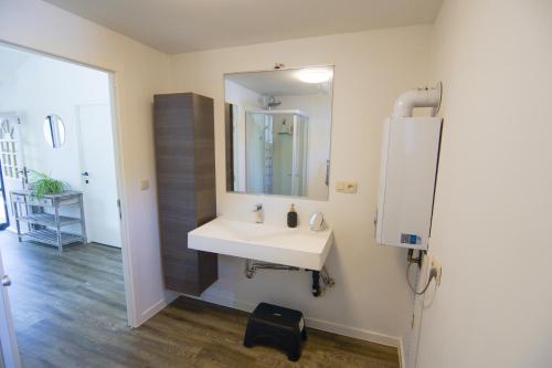 een badkamer met een witte wastafel en een spiegel bij Rustig gelegen chalet Kapeki met tuin aan het water in Geel