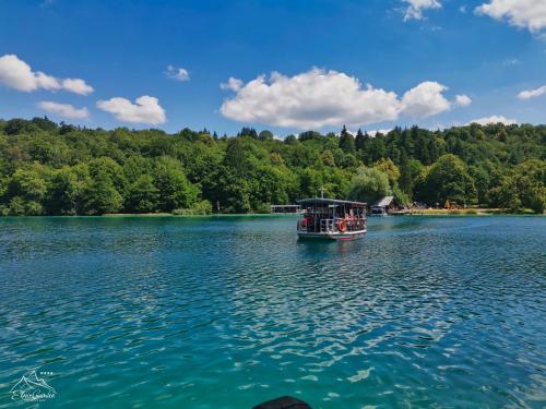 a boat on the water on a lake at Green Garden Plitvice lakes in Plitvica selo