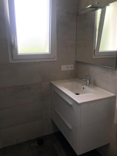 une salle de bain avec un lavabo blanc et un miroir dans l'établissement STUDIO A 20 MIN DU PUY DU FOU, à Mesnard-la-Barotière