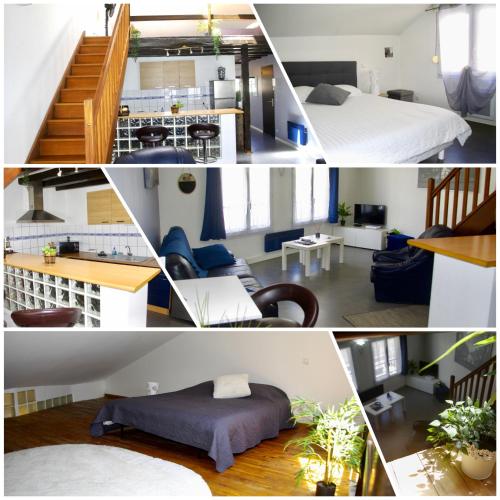 un collage de quatre photos d'une pièce dans l'établissement Mezzanine Pétillante, à Châlons-en-Champagne
