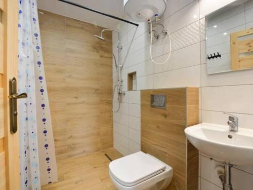 a bathroom with a toilet and a sink and a shower at Bieszczadzki Szeryf 660-492-682 in Polańczyk