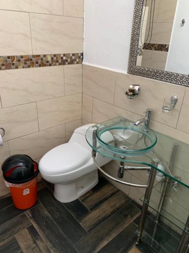 a bathroom with a toilet and a glass sink at Los &Aacute;ngeles Hotel in Jalpan
