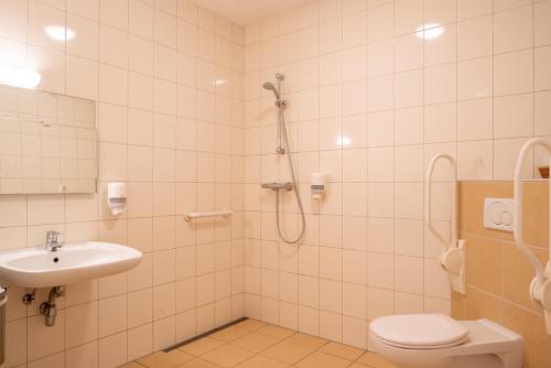 a bathroom with a shower and a toilet and a sink at Lentemaheerd in Uithuizermeeden