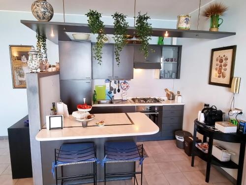 a kitchen with a counter and some plants on the cabinets at Little Paradise in Taormina