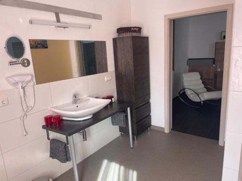 a bathroom with a sink and a mirror at Landhotel Müller im Donautal in Tapfheim