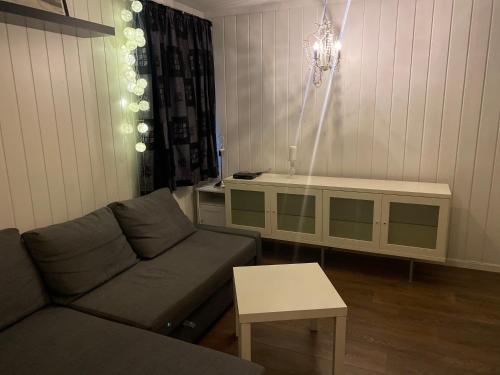 uma sala de estar com um sofá e uma mesa em Mona em Trondheim