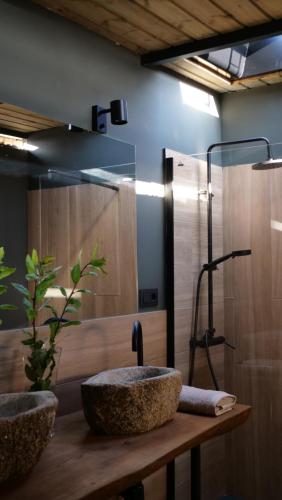 a bathroom with a stone sink and a shower at Amaraxe Ecoglamping in Miñortos