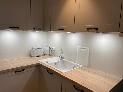 a kitchen with a sink and a counter top at Moderne 3-Zi-Wohnung mit Meerblick direkt am Strand in Scharbeutz