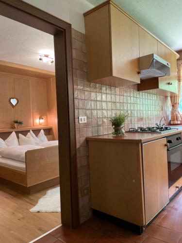 a room with a kitchen with a bed in the background at Chalet Forciagn in San Vigilio Di Marebbe