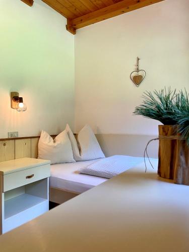 a room with two beds and a desk and a plant at Chalet Forciagn in San Vigilio Di Marebbe