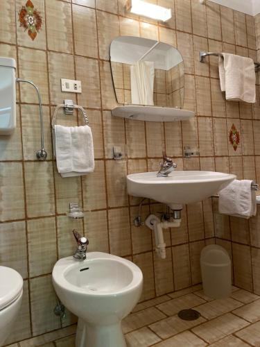 a bathroom with a sink and a toilet and a mirror at Chalet Forciagn in San Vigilio Di Marebbe
