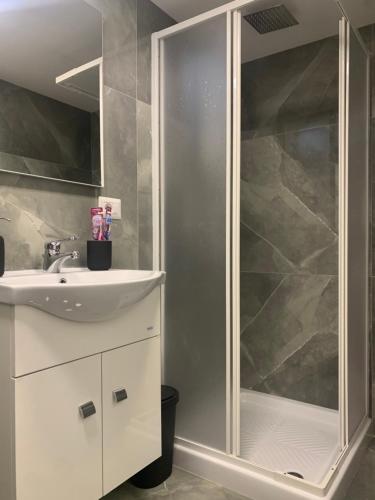 a bathroom with a shower and a sink at Toledo Home in Naples