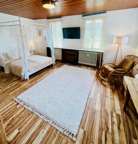 a bedroom with a bed and a chair and a rug at Cloud 9 , Apartment mit Garage und Garten in Nähe der Uniklinik, Bosch, Ina Schaeffler in Homburg
