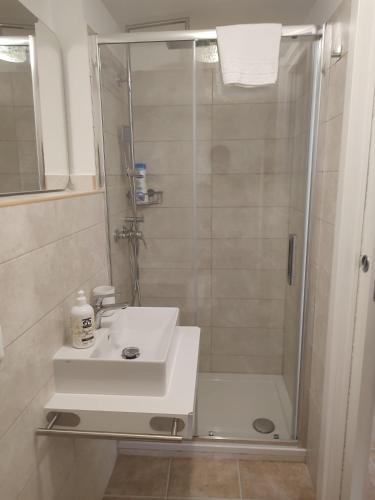 a bathroom with a shower and a white sink at Via Cavour in LʼAquila