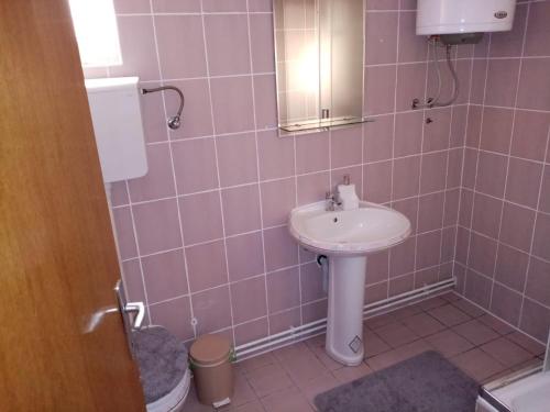 ein Bad mit einem Waschbecken und einem Spiegel in der Unterkunft Lale's Room in Palić